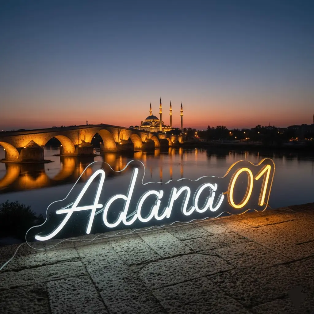 Adana 01 Yazılı Beyaz ve Turuncu Renkli Led Neon Tabela