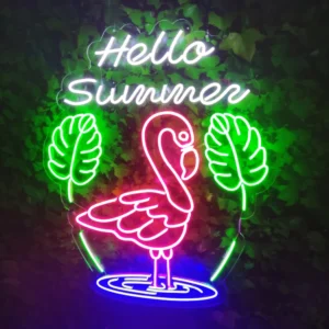 Hello Summer Yazılı Pembe Flamingo Led Neon Tabela