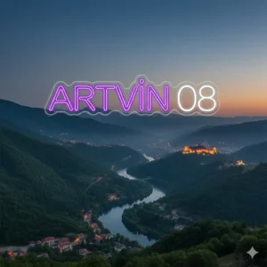 Vadi Manzarası Silüetli ve Artvin 08 Yazılı Mor Beyaz Led Neon Tabela