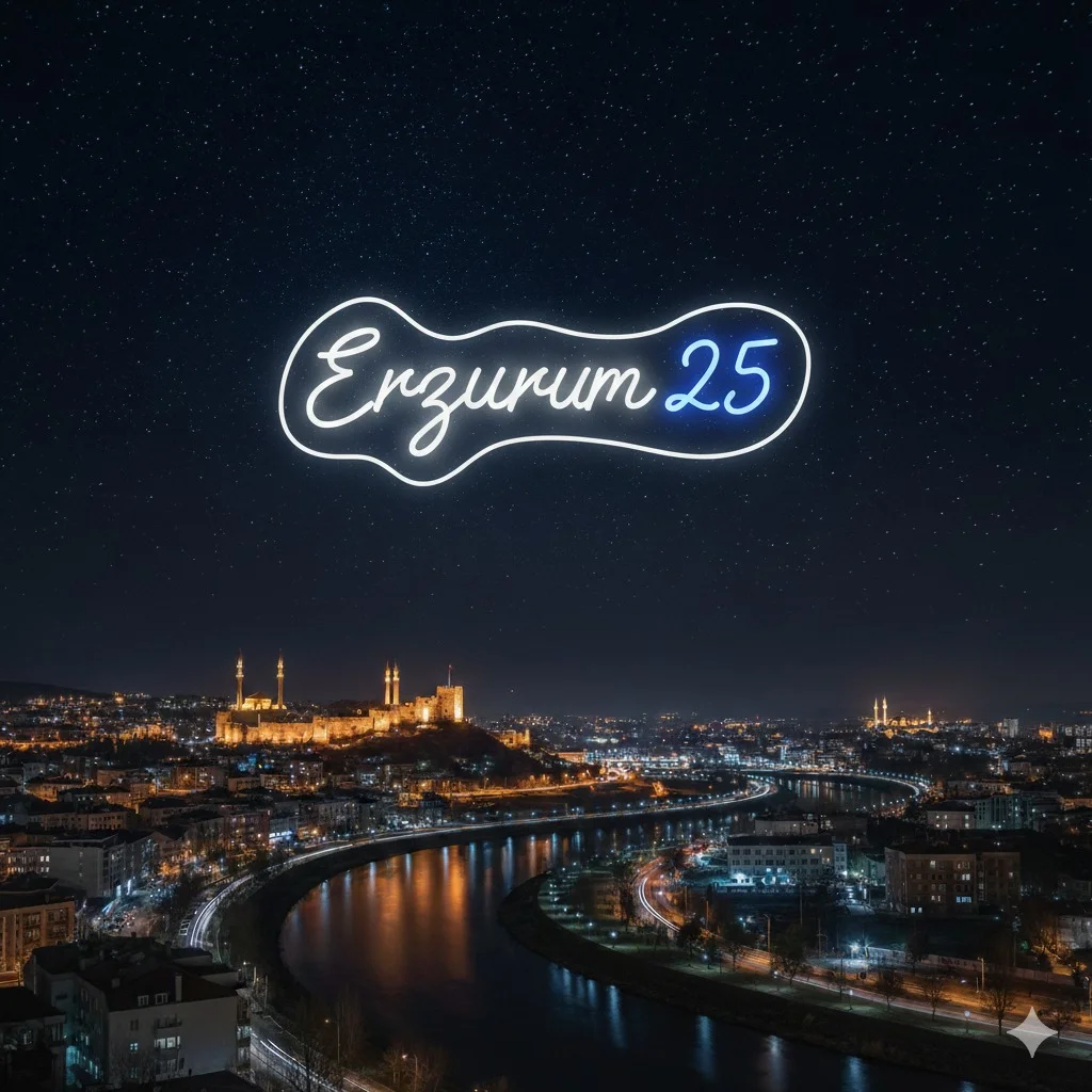 Erzurum 25 yazılı ve Çifte Minareli Medrese silüetli dekoratif şehir serisi LED neon tabela.