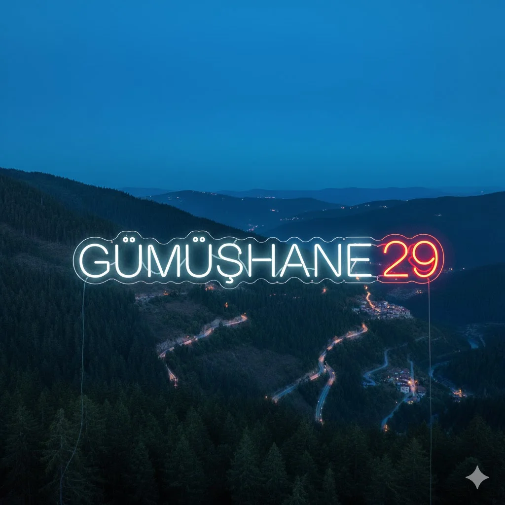 ümüşhane 29 yazılı beyaz ve kırmızı dekoratif şehir serisi LED neon tabela.