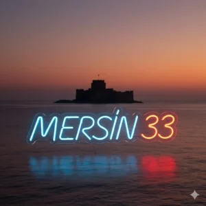 Mersin 33 yazılı mavi ve turuncu renkli dekoratif şehir serisi LED neon tabela.