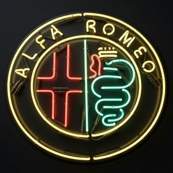 Sarı çerçeveli, kırmızı haç ve yeşil yılan figürlü Alfa Romeo cam neon tabela
