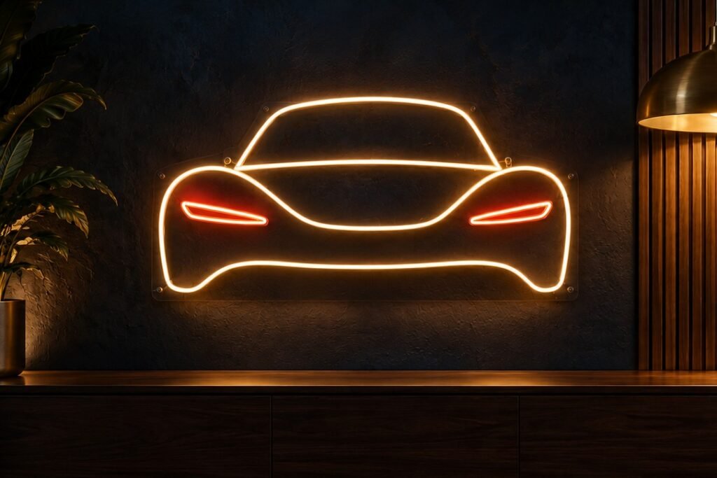 Koyu lacivert duvarda sıcak beyaz ve kırmızı ışıklı sade araba neon tasarımı