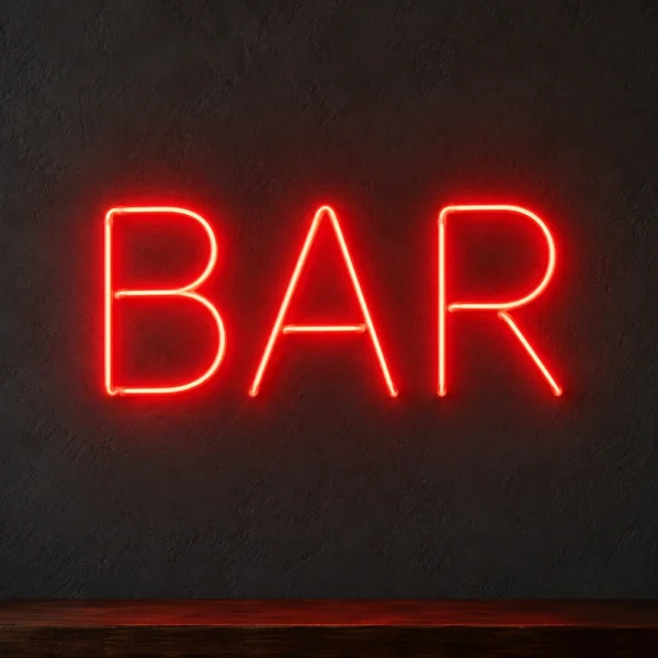 Kırmızı büyük harfli BAR LED neon tabela, koyu duvarda