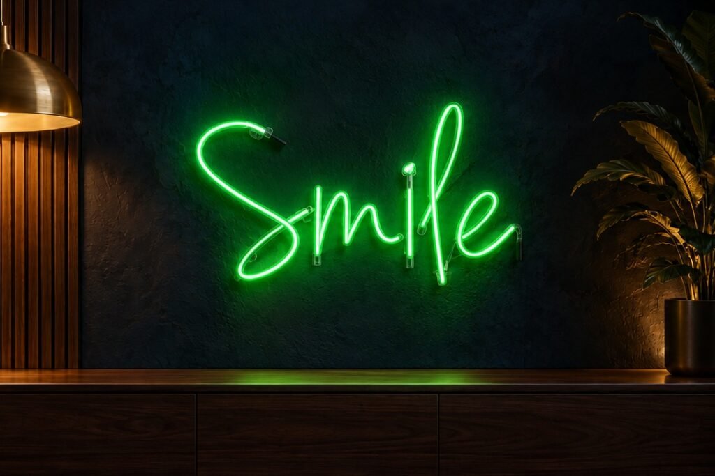 Koyu lacivert duvarda yeşil Smile yazılı ince cam tüplü neon tabela