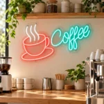 Açık renk kahve barında kırmızı fincanlı, beyaz buharlı ve turkuaz Coffee yazılı LED neon tabela
