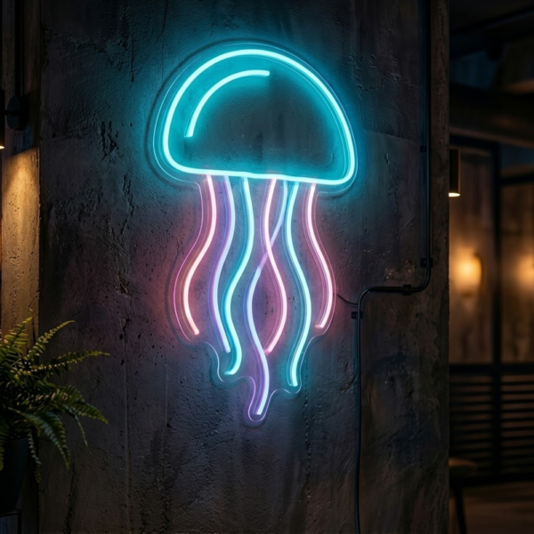 Koyu dokulu duvar üzerinde turkuaz kubbesi, pembe ve mor dalgalı kollarıyla denizanası LED neon tabela