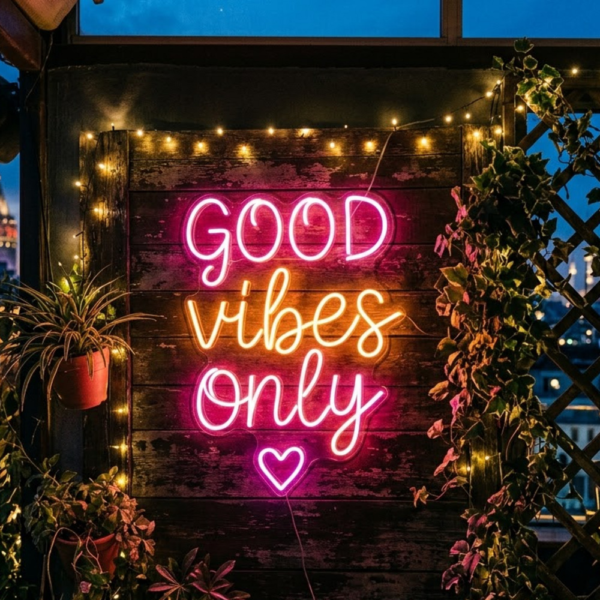 Koyu ahşap yüzeyde pembe GOOD ve only, sıcak sarı vibes yazıları ve altta pembe kalp bulunan LED neon tabela
