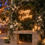 Yeşil yapraklı bahçe düğünü karşılama alanında Happy Wedding LED neon tabela