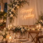 Beyaz çiçekli düğün salonunda sıcak beyaz Happy Wedding LED neon tabela