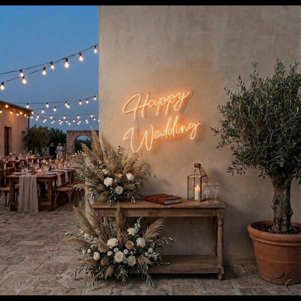 Bej duvarda ahşap masa ve çiçeklerin üzerinde, sıcak ışıkla iki satır Happy Wedding yazılı LED neon tabela