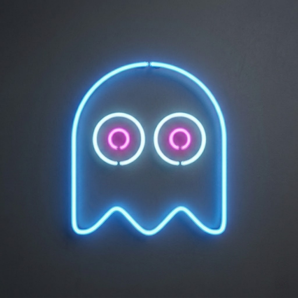 Koyu gri duvarda mavi hayalet silueti, açık renkli yuvarlak gözler ve pembe iç halkalardan oluşan LED neon tabela
