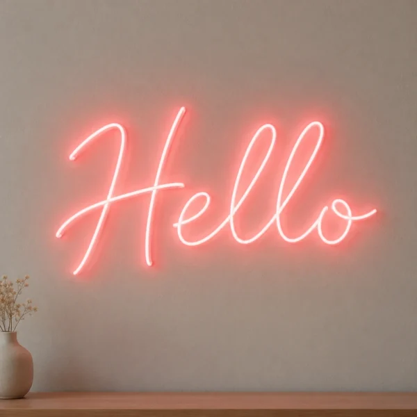 Pembe el yazısı Hello LED neon tabela, açık renk duvarda
