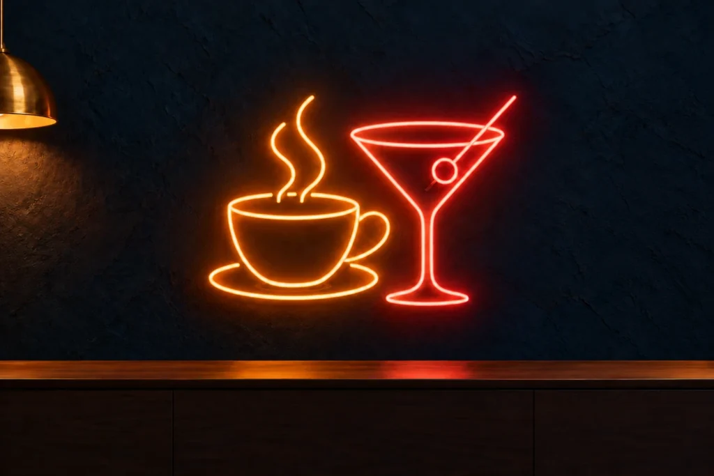 Lacivert duvarda amber kahve fincanı ve pembe kokteyl figürlü kafe ve bar neonları