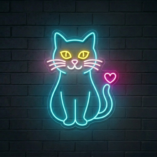 Koyu tuğla duvarda turkuaz gövdeli, sarı gözlü, pembe bıyıklı ve kalp detaylı kedi LED neon tabela