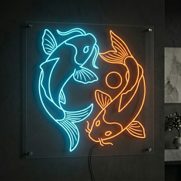 Koyu duvarda turkuaz ve turuncu iki balık figürlü koi balıkları LED neon tabela, çizgili yüzgeçler ve uzun kuyruklarla