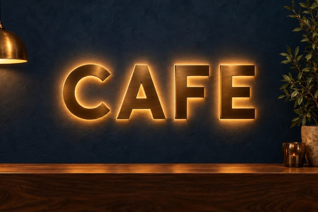 Koyu lacivert duvarda sıcak amber ışıklı gold CAFE kutu harf tabela