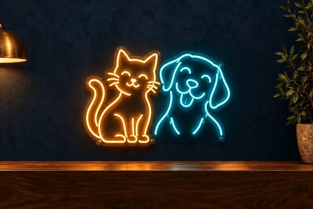 Koyu lacivert duvarda sıcak sarı kedi ve mavi köpek figürlü LED neon hayvanlar tasarımı