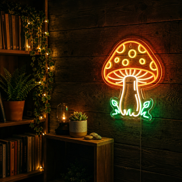 Turuncu benekli şapkası, açık renkli gövdesi ve yeşil yaprakları olan mantar LED neon tabela, koyu ahşap duvarda