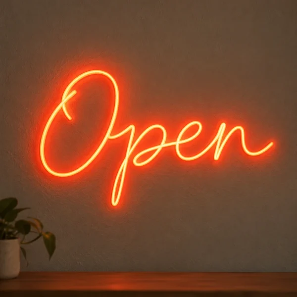 Kırmızı el yazısı Open LED neon tabela, açık renk duvarda
