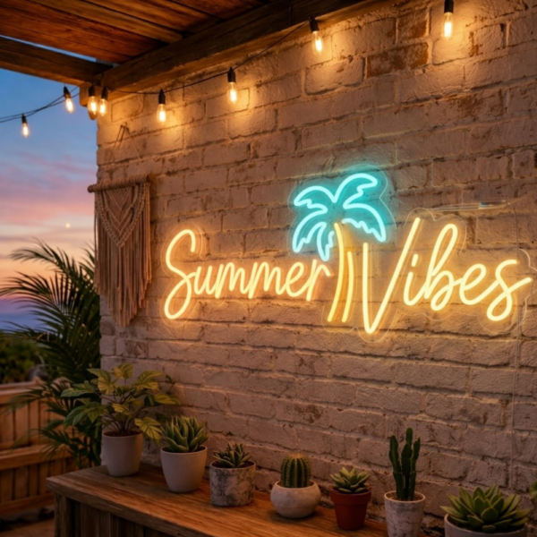 Tuğla duvarda sıcak sarı yazılı ve turkuaz palmiyeli Summer Vibes LED neon tabela