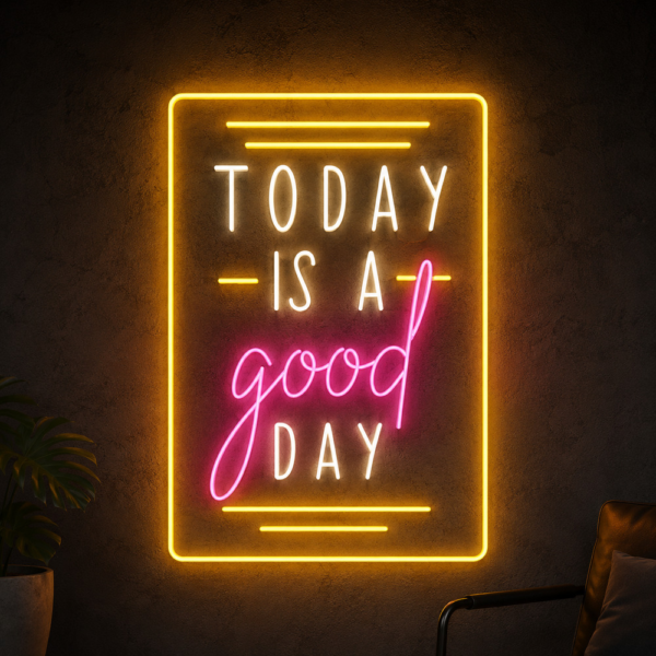Sarı çerçeve içinde sıcak beyaz ve pembe yazılı Today Is a Good Day LED neon tabela