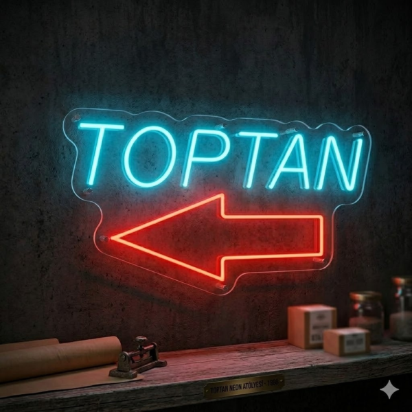 Turkuaz TOPTAN yazısı ve kırmızı sola bakan ok figürlü LED neon tabela